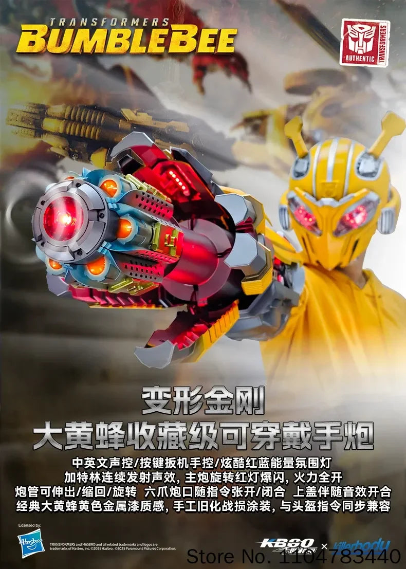 Bärbar Bumblebee hjälmleksak med armkanon och rollspelsdesign