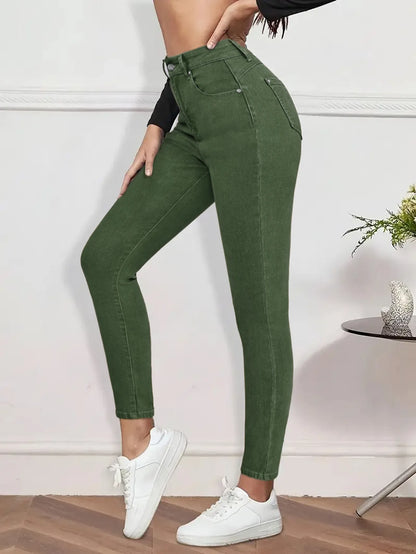 Women Pencil Pants Jeans Skinny Trousers High Waist Stretch Pockets Vintage Washed Female Streetwear Slim Full Length Denims
