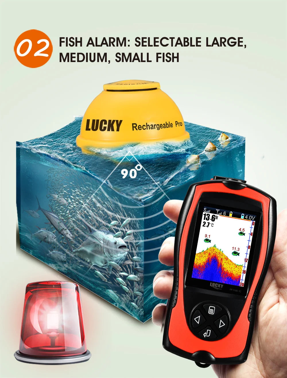 LUCKY FF1108-1CWLA Sonar Fish Finder Portable Wireless Rechargeable Echo Sounder 45M Water Depth Sensor for Fishing