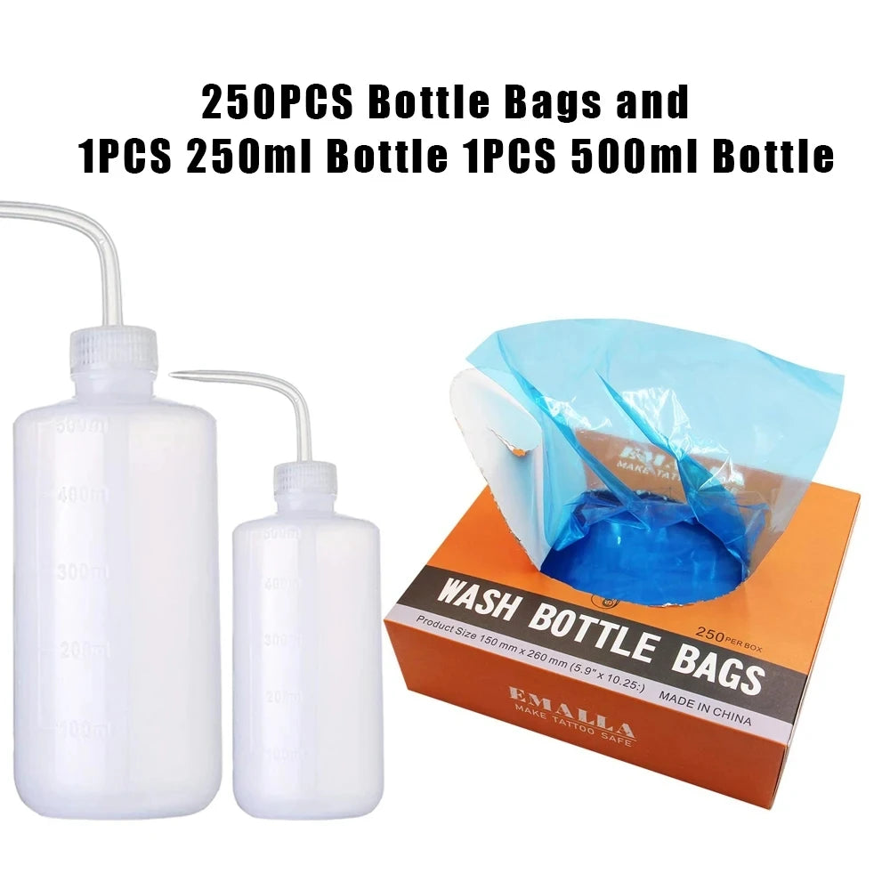 250pcs Tattoo Wash Bottle Bags and 250/500ml Tattoo Wash Bottle for Green Soap Bottle Cleaning Supply Tattoo Accessories