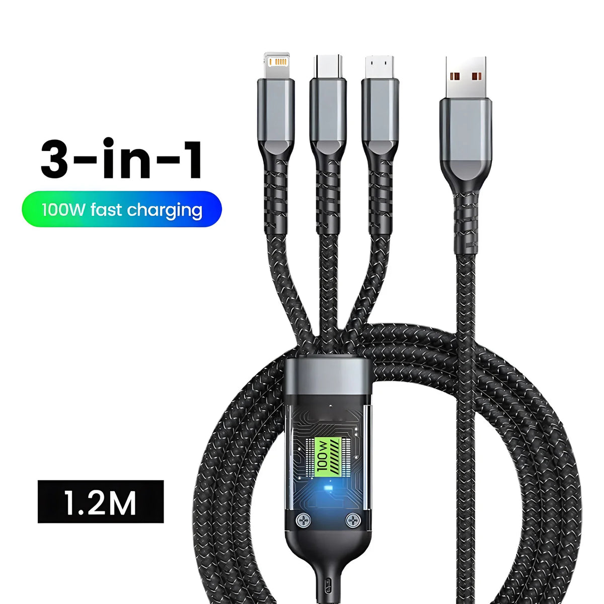 3-i-1 laddningskabel med belysning – 1,2 m