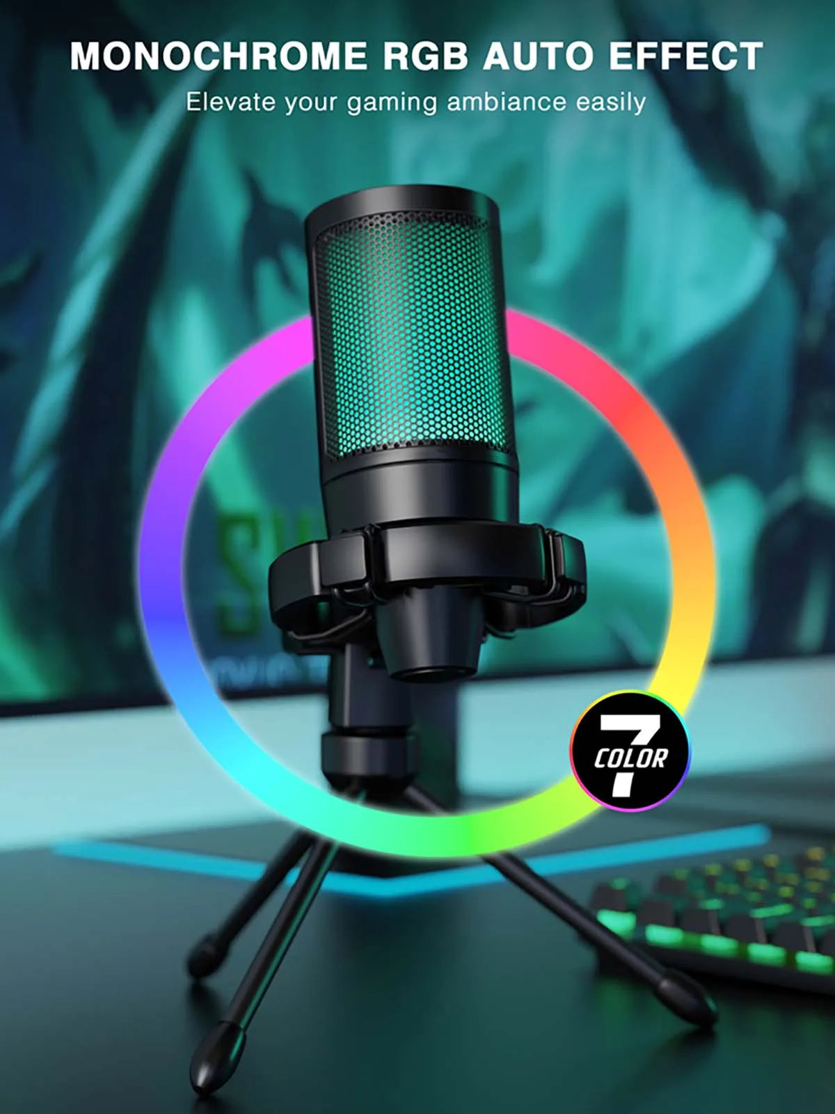 AmpliGame RGB USB Gaming Microphone with Light-touch Mute,Condenser Mic with Tripod for PC,PS4/5,Laptop Streaming Podcasting -A2
