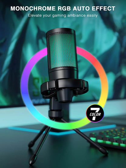 AmpliGame RGB USB Gaming Microphone with Light-touch Mute,Condenser Mic with Tripod for PC,PS4/5,Laptop Streaming Podcasting -A2
