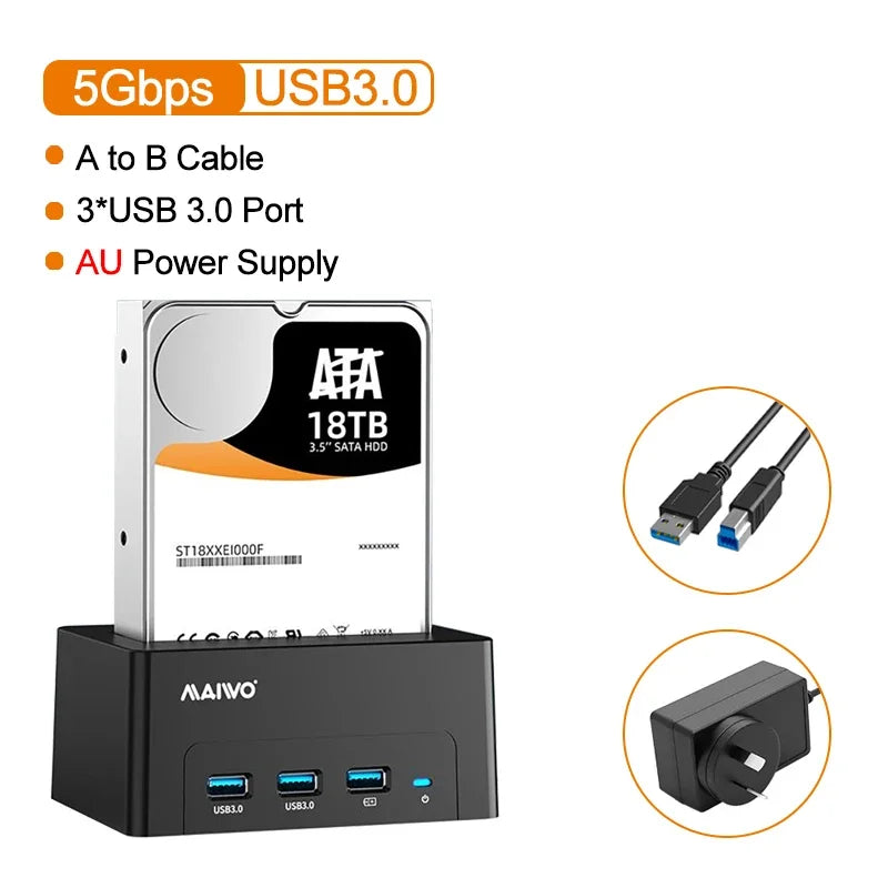 MAIWO HDD Docking Station with USB 3.0 HUB Extension 2.5 3.5 Inch SATA HDD Case Support 24TB with Fast Charge Port HDD Enclosure