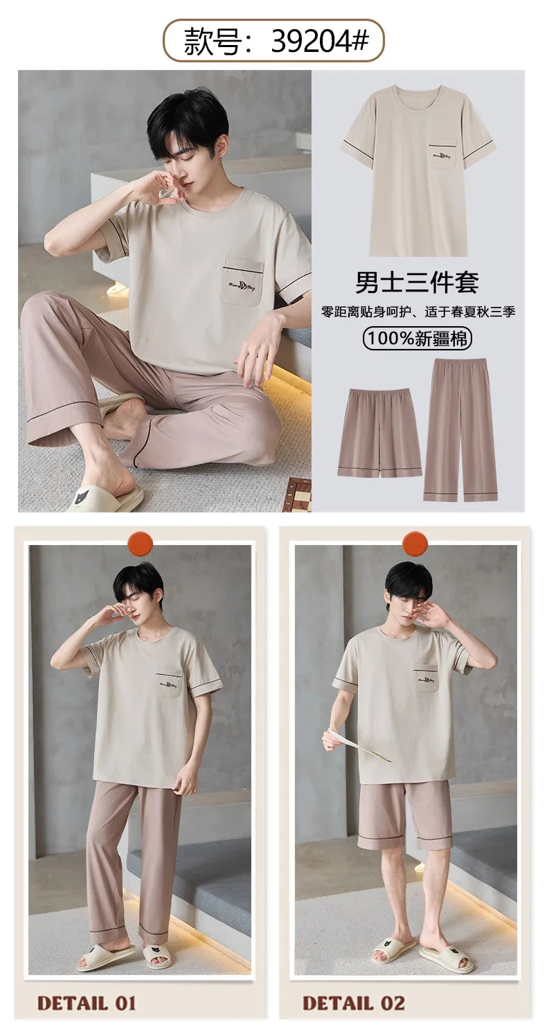 Short Sleeves & Shorts & Long Pant 3Pcs/set Cotton Nightwear for Men Summer Breathable Casual Sleepwear Male Loungewear Hombre