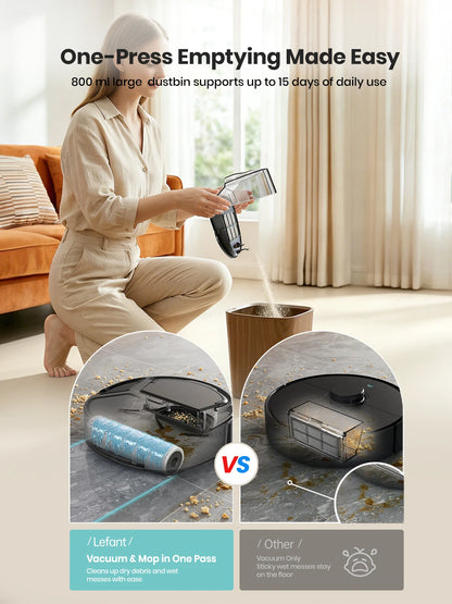 Lefant M265 Wet and Dry Robot Vacuum Cleaner, 20000Pa, Self Cleaning Wet Roller, Clean Water Wash, Laser dToF, Anti-Tangle, WiFi 2.4G/5G/Alexa/APP