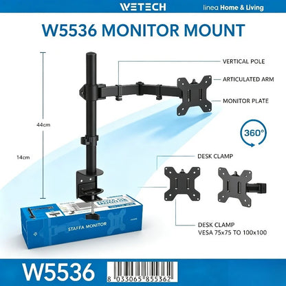 WETECH W5536 Single Monitor Desk Mount Bracket Dual Adjustable Arm Max Load 8kg Fit 15-33 Inch Monitor 360° Rotation +45° Tilt Support VESA 75x75 100x100 Clamp-on Monitor Stand