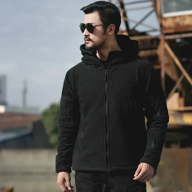 Herr Militär Fleecejacka med Huva – Varm Taktisk Jacka för Vandring och Friluftsliv, S–4XL
