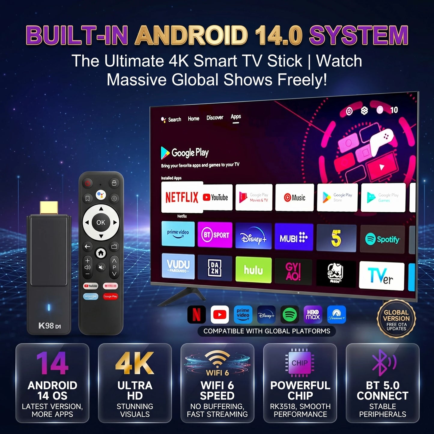 2026 Android 14.0 TV Stick Kowankit K98D1 TV Box 4K HDR RK3518 Wifi6 BT5.0 2.4G 5G Smart TV BOX Voice Remote Set TOP Box