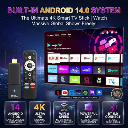 2026 Android 14.0 TV Stick Kowankit K98D1 TV Box 4K HDR RK3518 Wifi6 BT5.0 2.4G 5G Smart TV BOX Voice Remote Set TOP Box