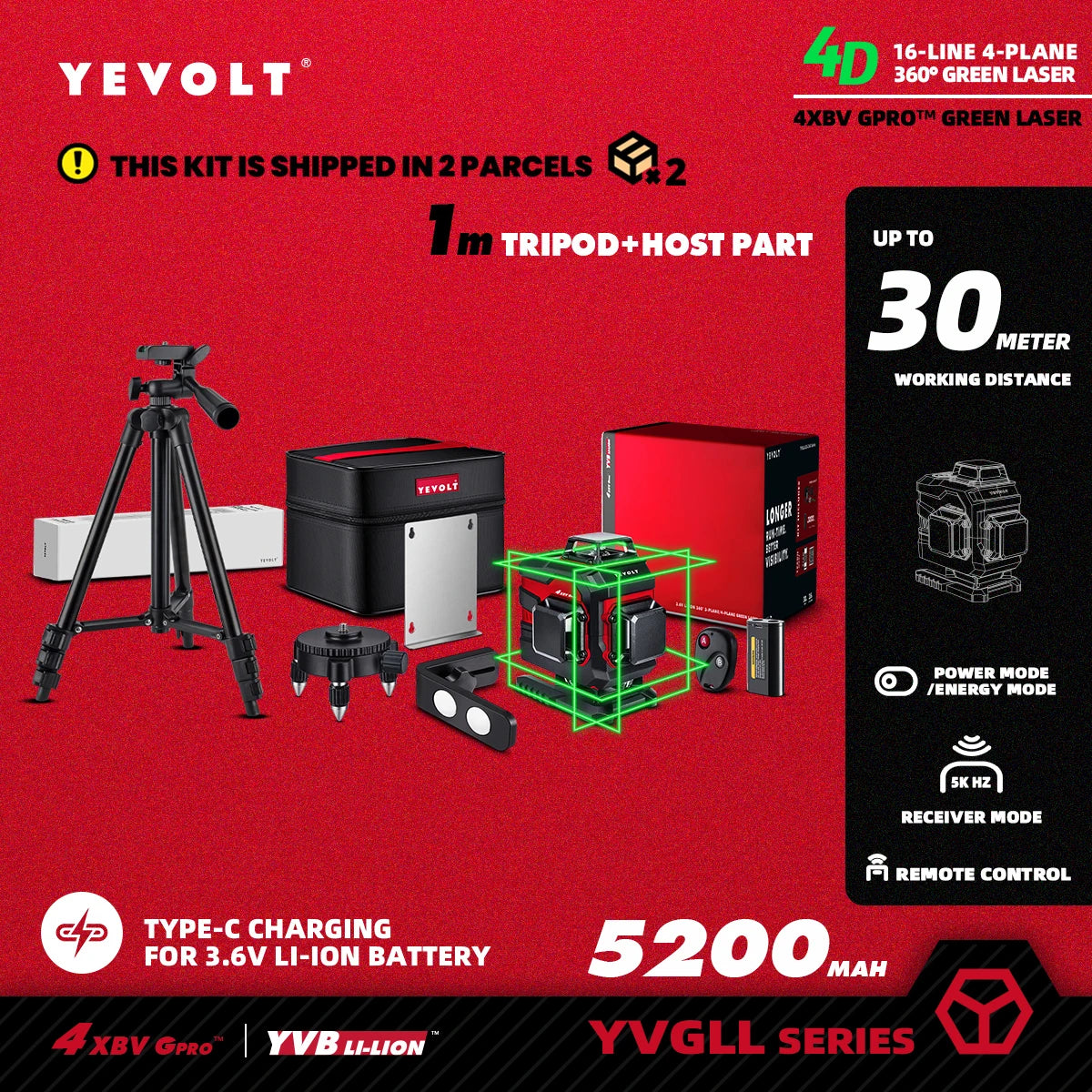 YEVOLT YVGLL4XS16 Grön Lasernivå 4D – 4 Plan, 16 Linjer, 3Ah/5,2Ah Batteri, Självnivellerande
