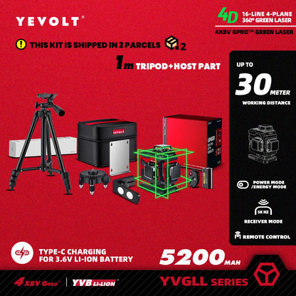 YEVOLT YVGLL4XS16 Grön Lasernivå 4D – 4 Plan, 16 Linjer, 3Ah/5,2Ah Batteri, Självnivellerande