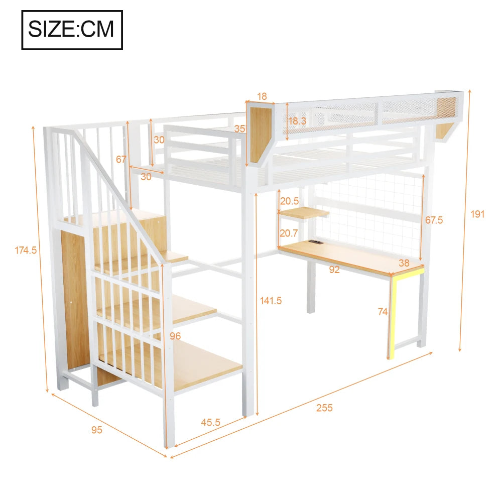 90×200cm & 140*200cm Metal High Bed, with Desk, Shelf and Storage Net, Complete with Safety Ladder, LED Lighting and Socket