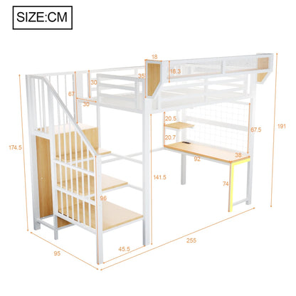 90×200cm & 140*200cm Metal High Bed, with Desk, Shelf and Storage Net, Complete with Safety Ladder, LED Lighting and Socket