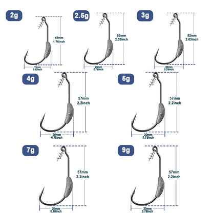 9KM 5-10Pcs Ewg Hook Weighted with Screw 2g~9g Worm Soft Lure Hook for Bass Saltwater Freshwater
