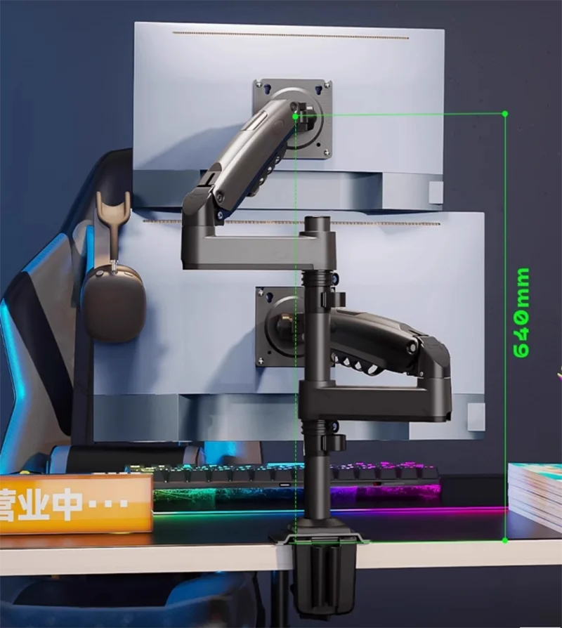 NB New H180 Full Motion 17'-27' Double Monitor Holder Gas Spring Arm LCD Mount Ergonomic Dual Arm Clamp Bracket 2-9kgs Each