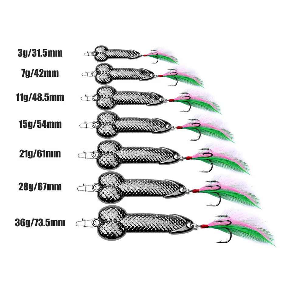 Metal Penis Spoon Lure 3g 7g 11g 15g 21g 28g 36g Hard Bait Tackle Sequin Vibrating Fishing Lure Artificial Bait Feather Hook VIB