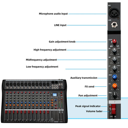 Audio Mixer 6/8/12 Channels Professional DJ Mixer LR Microphone/Line Input, AUX, FX Processor MP3, Headphones, +48V Phantom