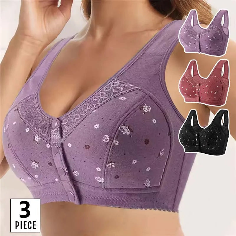 FallSweet 3Pcs/Set Front Closure Bra for Women Plus Size Bras Seamless Wireless Bralette Lace Brassiere Sexy Ladies Lingerie