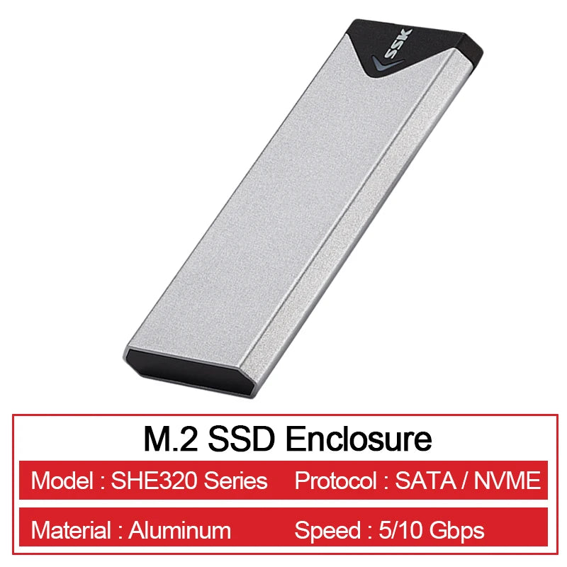 SSK M.2 NVME SATA SSD Enclosure Adapter USB 3.2 10Gbps Aluminum Enclosure External Hard Drive Case Support UASP Trim for PC Case
