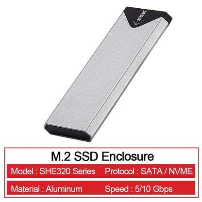 SSK M.2 NVME SATA SSD Enclosure Adapter USB 3.2 10Gbps Aluminum Enclosure External Hard Drive Case Support UASP Trim for PC Case