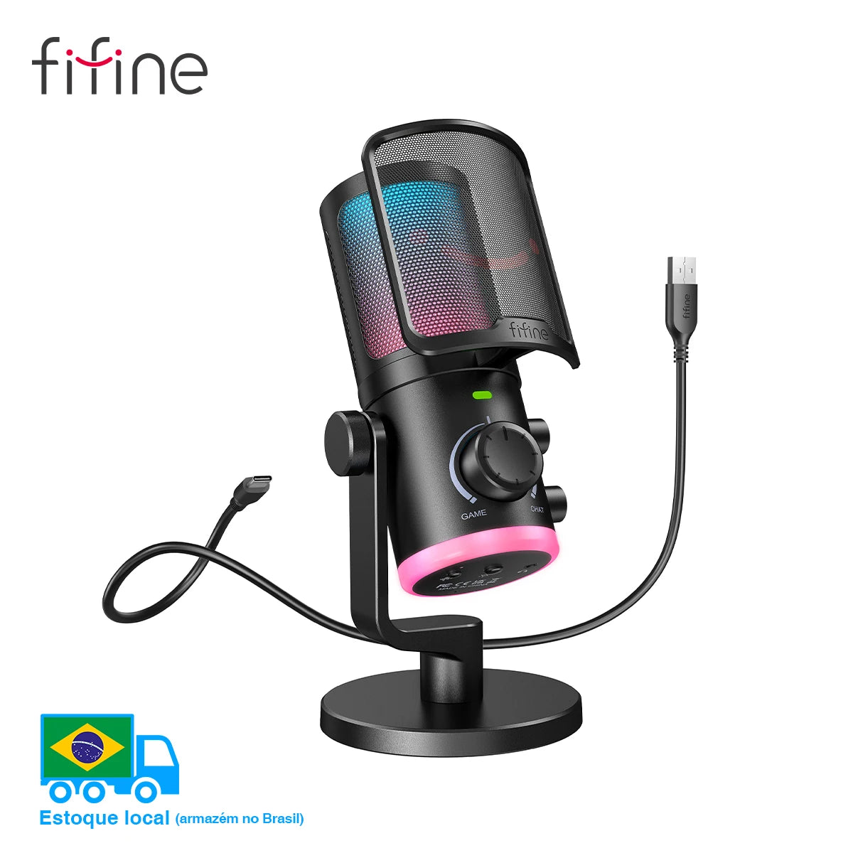 FIFINE USB Gaming Microphone with Noise Cancellation/RGB/Gain&Balance Knob,Condenser Mic for Streaming Podcasting-Ampligame AM6