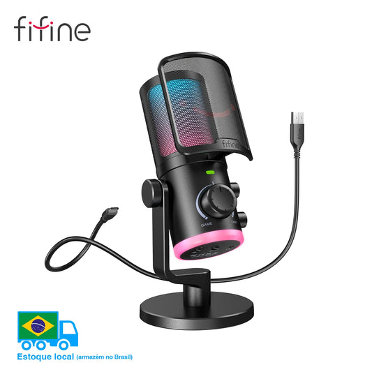 FIFINE USB Spel-mikrofon med Brusreducering/RGB/Gain & Balance-knapp, Kondensatormikrofon för Streaming och Podcasting - Ampligame AM6