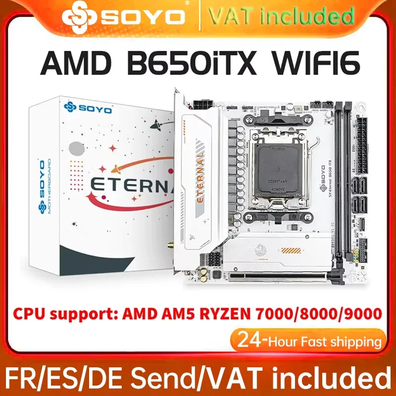 SOYO Motherboard AMD B650ITX Ryzen AM5 DDR5 Supports CPU 7000 8000 9000 Processors Pcie5.0x16 Pcie4.0x4 M.2 ARGB WIFI6