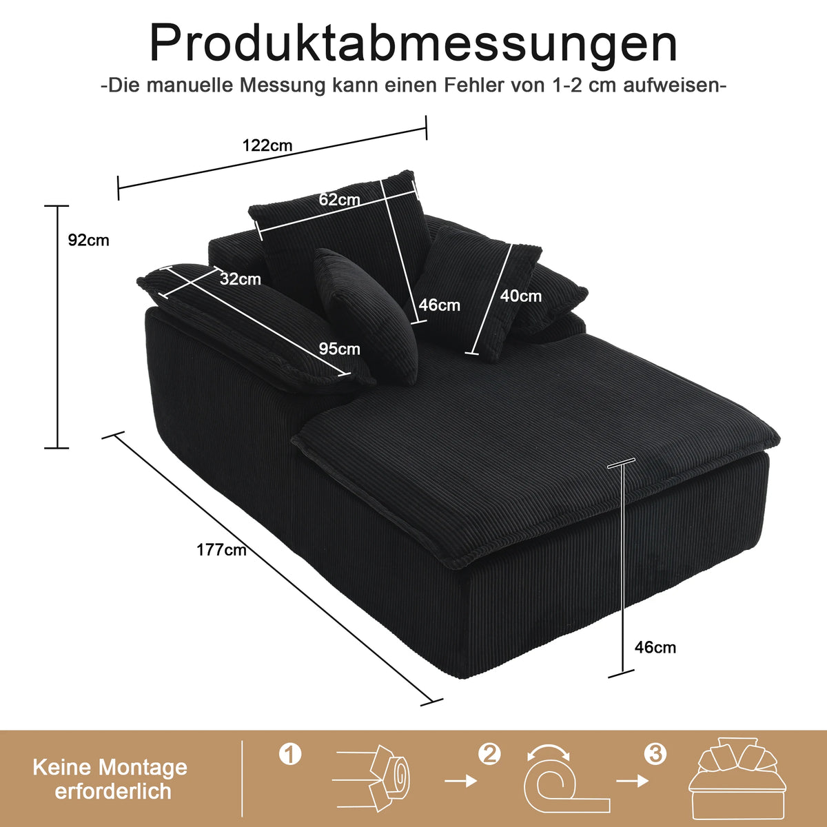 Ramfri loungesoffa i manchester med armstöd – 177 × 122 cm