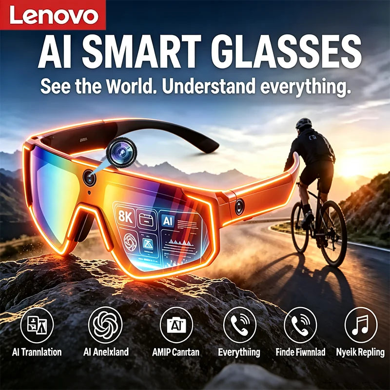 Lenovo 2026 New AI Smart Glasses 1080P 8MP Camera ChatGPT Anti Shake Sport Sunglasses Cycling Video Photo Dual Mic 32GB