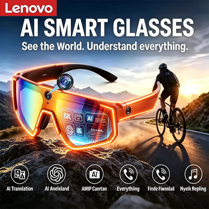Lenovo 2026 New AI Smart Glasses 1080P 8MP Camera ChatGPT Anti Shake Sport Sunglasses Cycling Video Photo Dual Mic 32GB