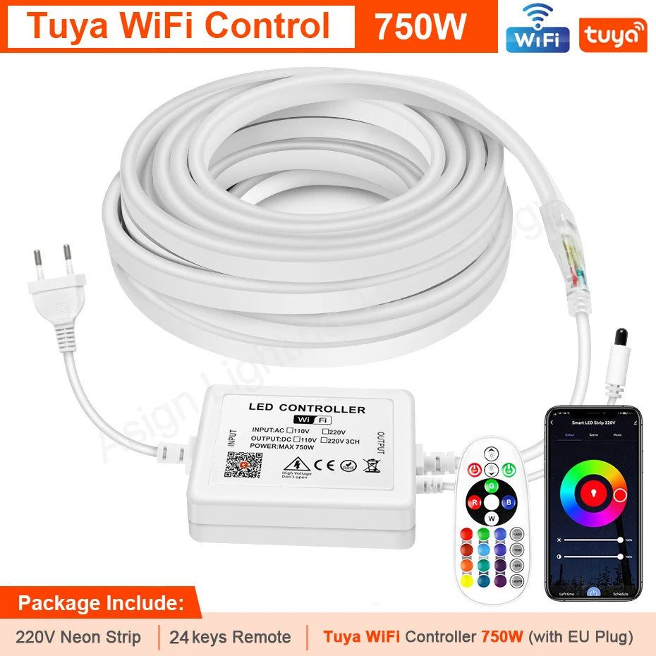 220 V RGB LED-neonlist IP65 med fjärrkontroll, Bluetooth eller Tuya WiFi, 1–100 m