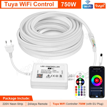 220 V RGB LED-neonlist IP65 med fjärrkontroll, Bluetooth eller Tuya WiFi, 1–100 m