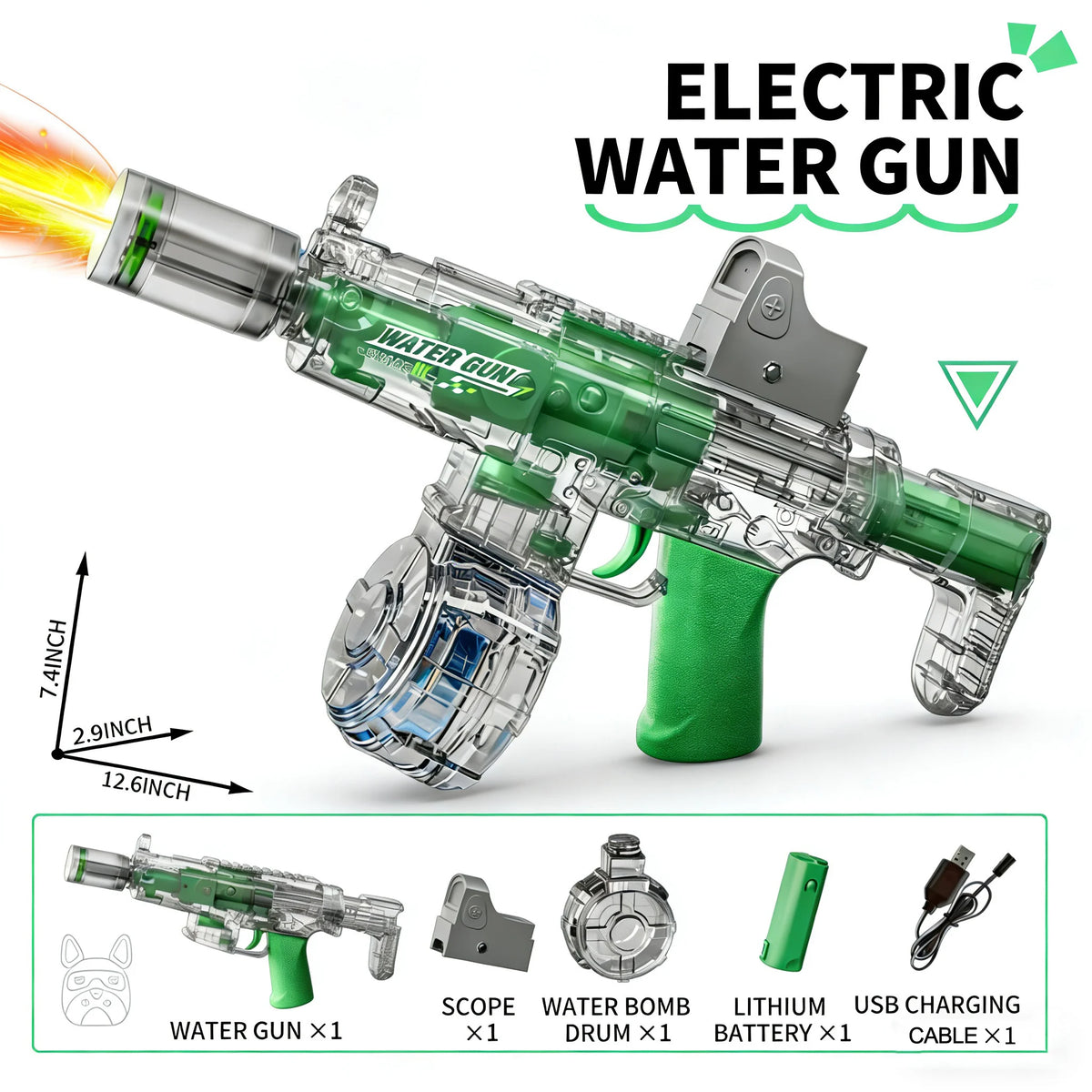 Elektrisk vattenpistol med automatisk funktion, rekyl och lampor