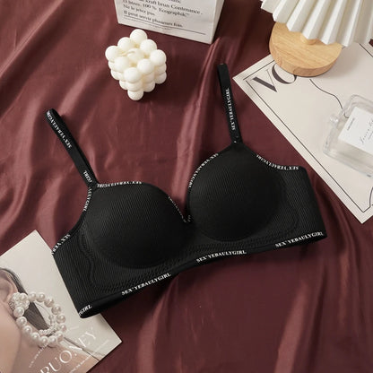 Women's Sexy Push Up Rib Bras Letter Print Small Bust Bra Black Gray Simple Casual Underwear