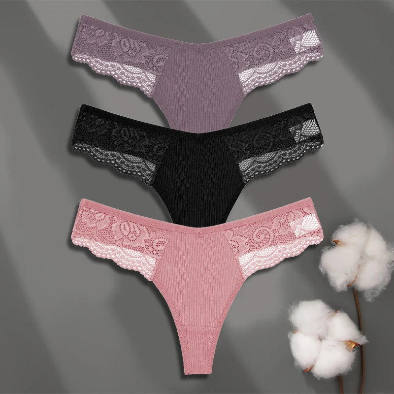 FINETOO 3-pack spetsstring i bomull med låg midja