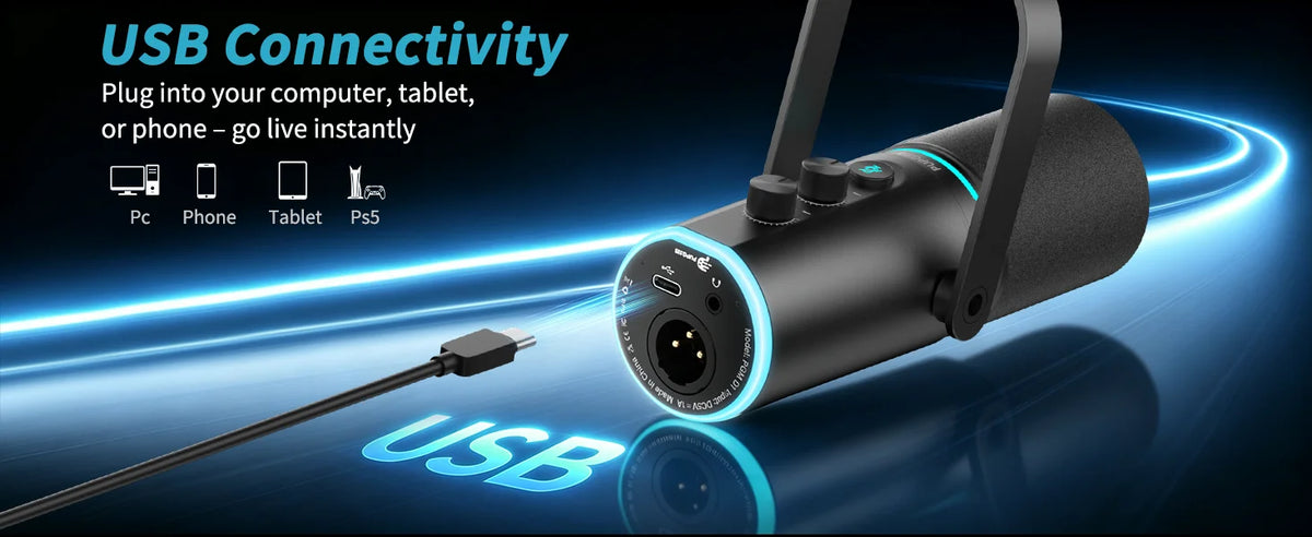 PUPGSIS Podcast Microphone Kit, USB/XLR Dynamic Vocal Mic, Streaming Mic with RGB Lights for PC/XLR Mixer, with Mute Button, Headphone Jack, Gain Knob, for Gaming Voice-Over Recording