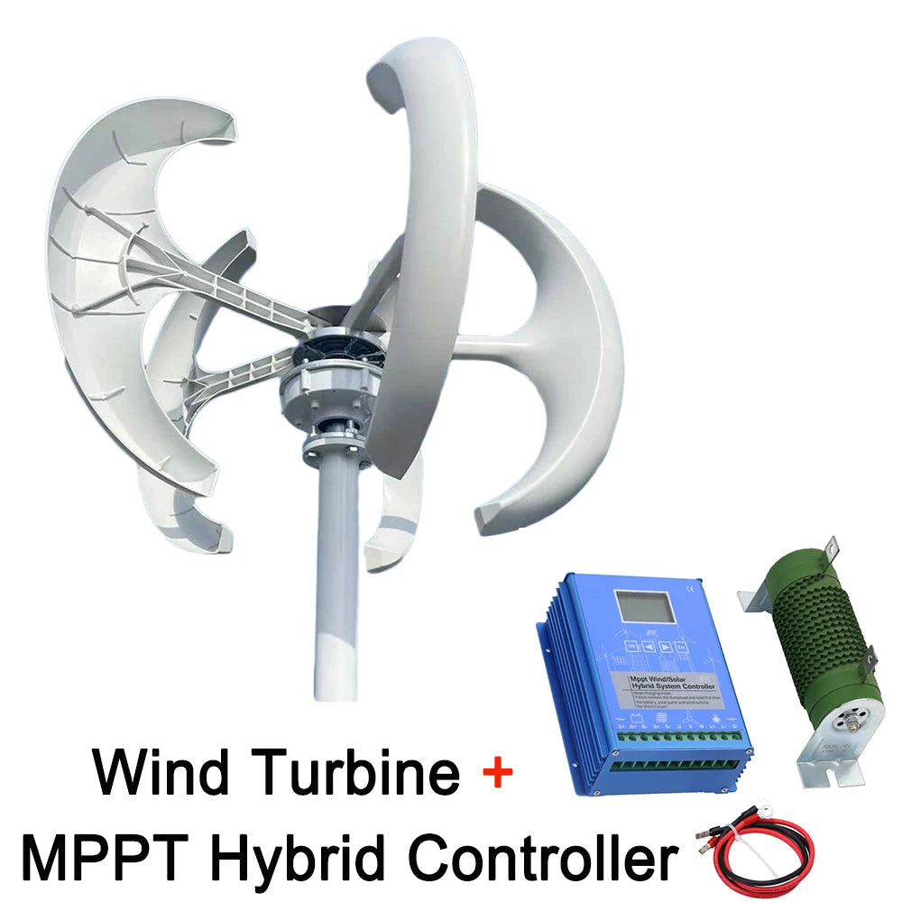 Vertikal Vindturbin 500W Lykta-design 12V/24V – Låg Startvindshastighet MPPT eller Hybrid Sol+Vind Regulator, Röd/Vit