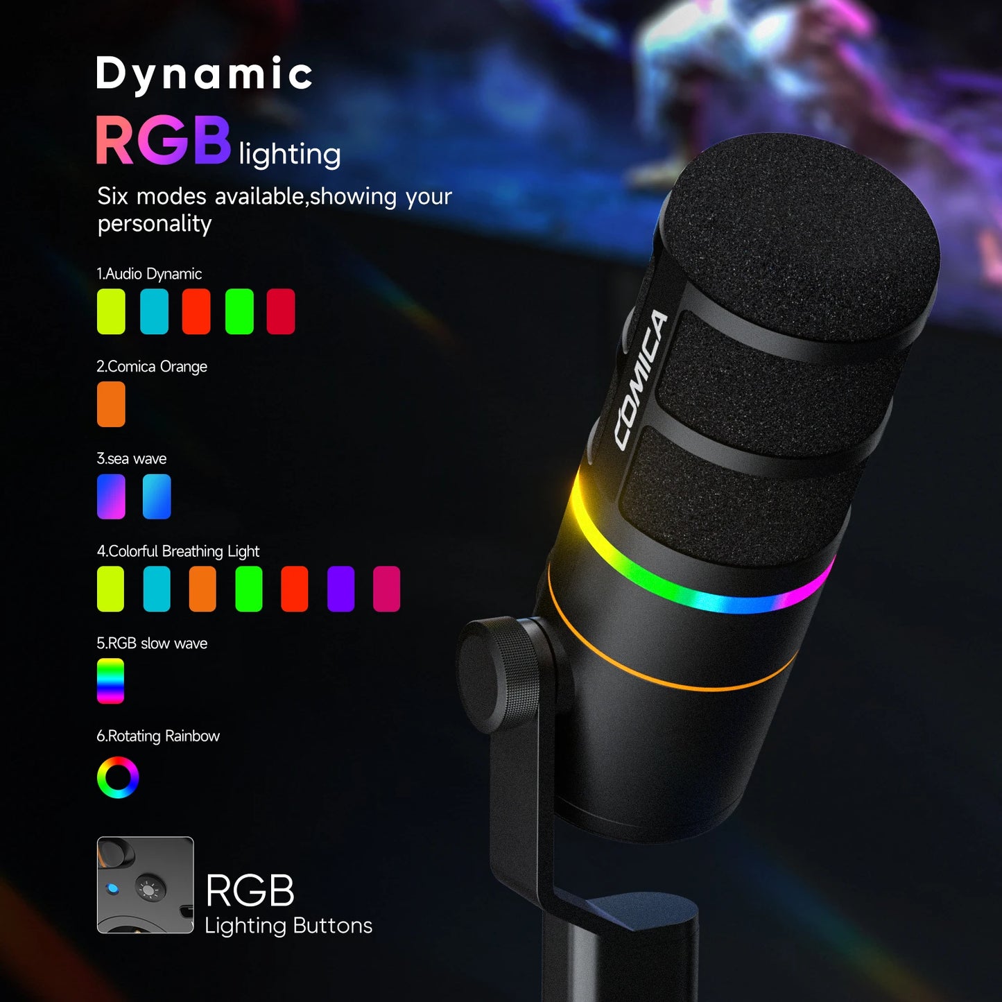 COMICA D10 PRO RGB Cardioid USB/XLR Dynamic Wireless Microphone Gaming Mic Voice Noise Reduction for Streaming Interview Podcast
