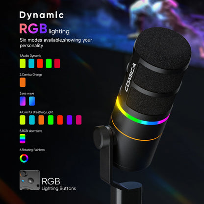 COMICA D10 PRO RGB Cardioid USB/XLR Dynamic Wireless Microphone Gaming Mic Voice Noise Reduction for Streaming Interview Podcast