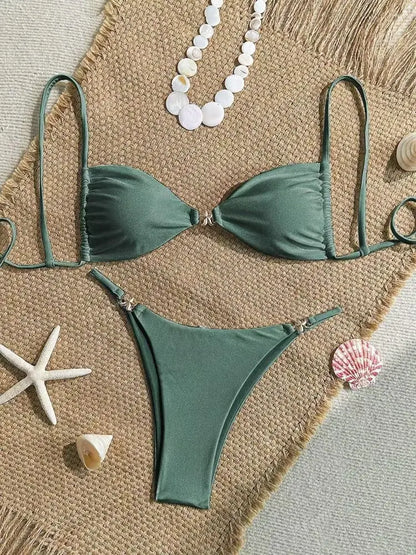 Cikini Women's Sexy Bikini Two Pieces Set Accessories Glossy Texture Special Fabric Solid Color Summer Beach Swimwear