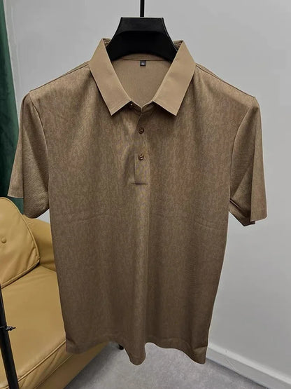 High end ice silk seamless short sleeve POLO shirt men's 2024 summer new fashionable jacquard silk breathable lapel T-shirt