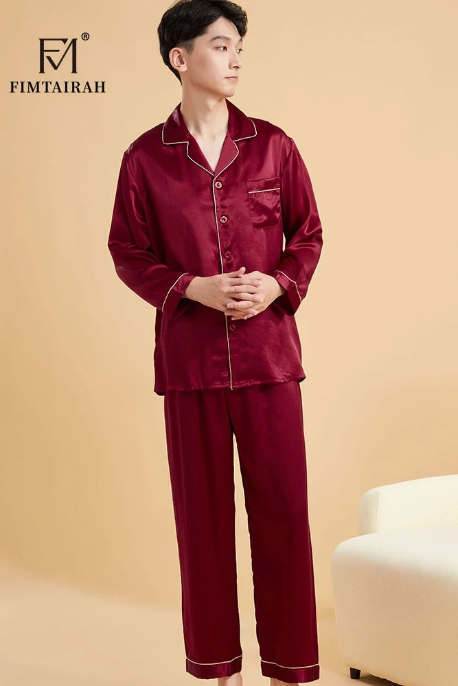 Fimtairah Real 19MM 100% Mulberry Silk Pajamas Men's Autumn  Hangzhou Solid Color heavy Silk Home Wear Men's