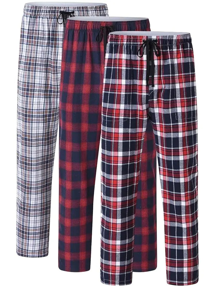 Men's 3Pcs Pajama Sleeping Pants Cotton Plaid Pjs, Long Plaid Print Sleepwear Pajama Pants with Elastic Waist Homewear