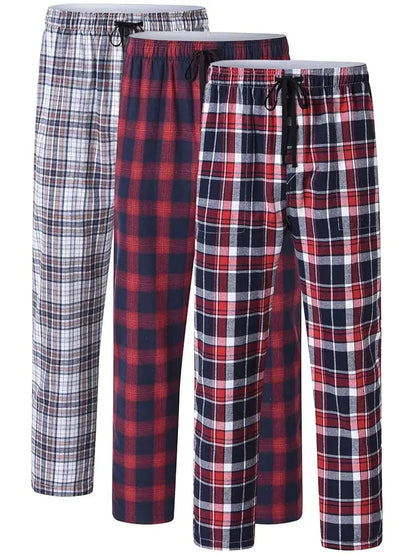 Men's 3Pcs Pajama Sleeping Pants Cotton Plaid Pjs, Long Plaid Print Sleepwear Pajama Pants with Elastic Waist Homewear