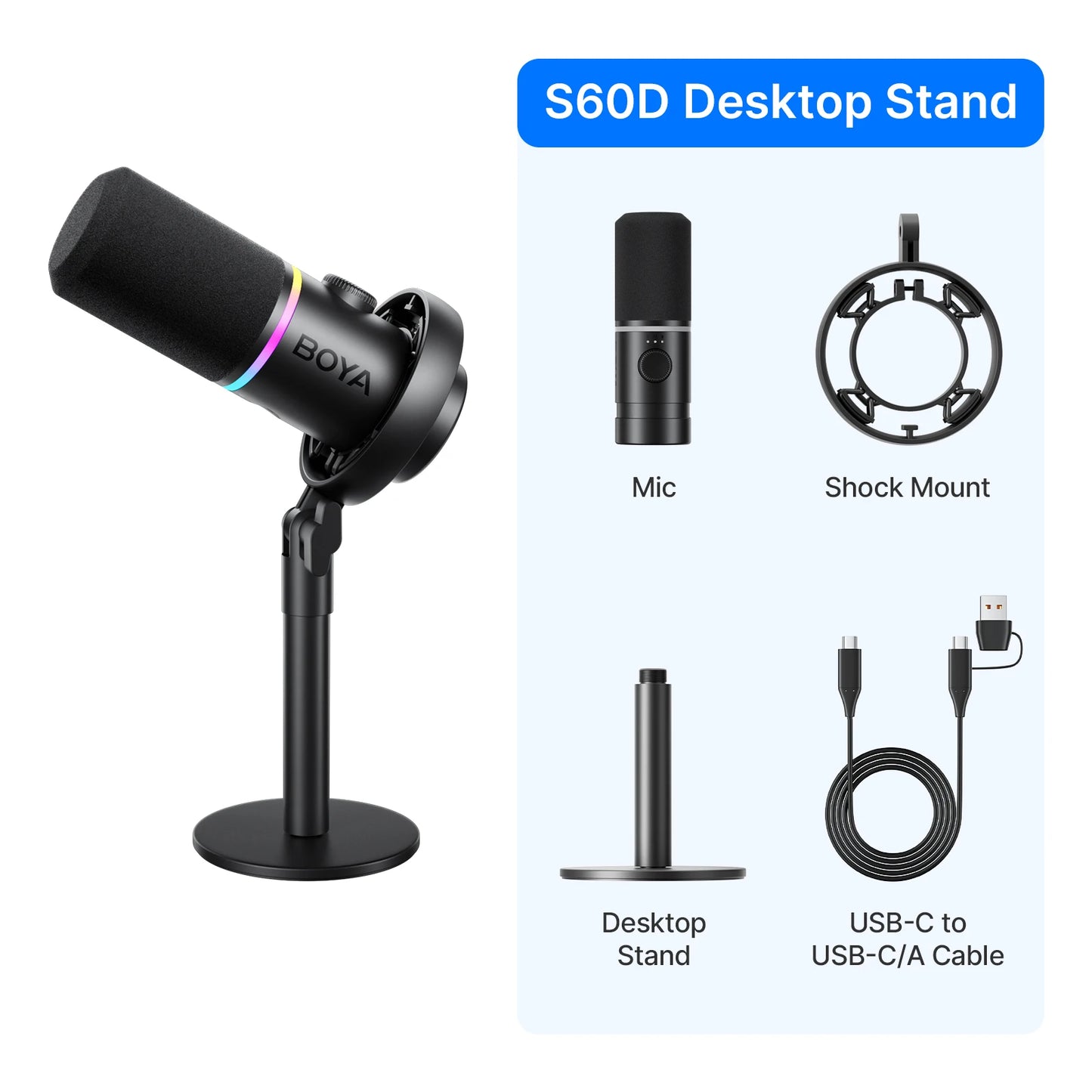 BOYA CastMic S60 USB/XLR Dynamic Microphone with RGB for Gaming, Streaming, Podcasts Studio Grade 4 in 1 Support Phone PC Laptop