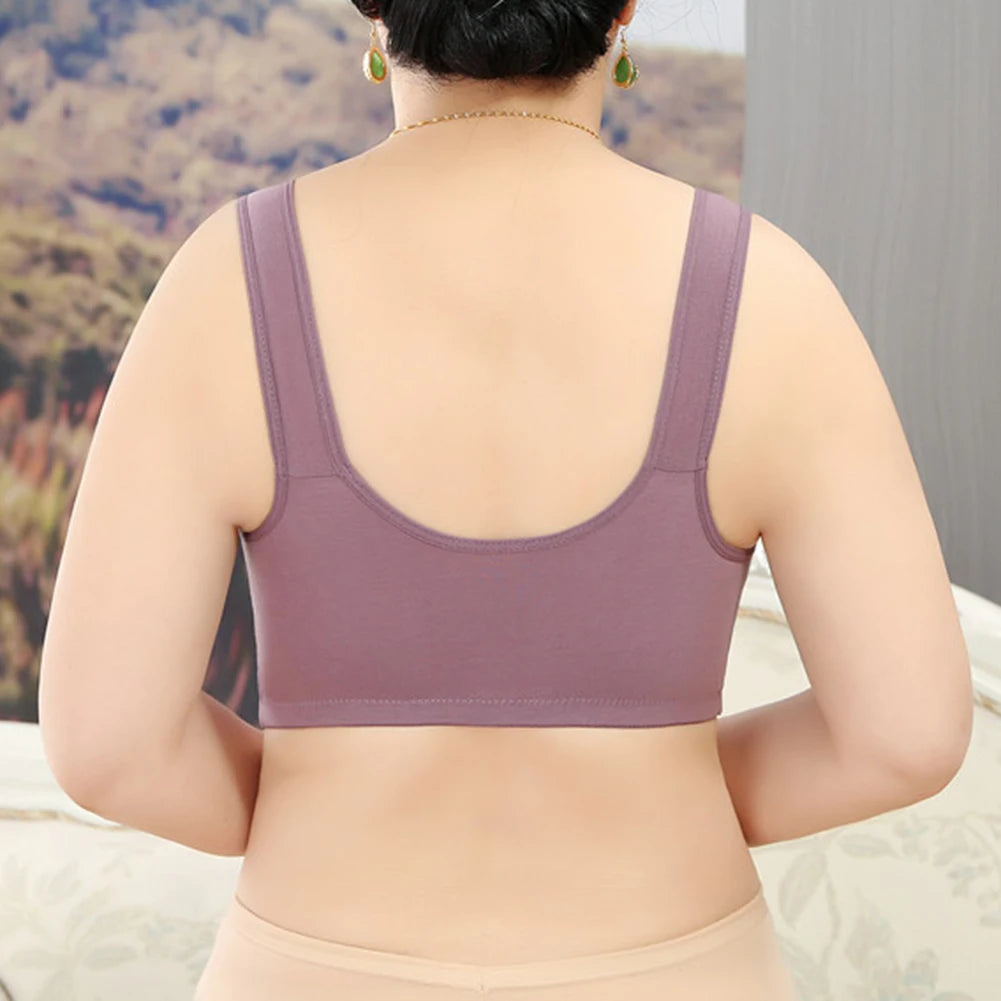 Deep V Neck Bra Skin Color Elderly Bra Cotton Fabric Front Buckle Closure Full Cup Design Regular Length Solid Color