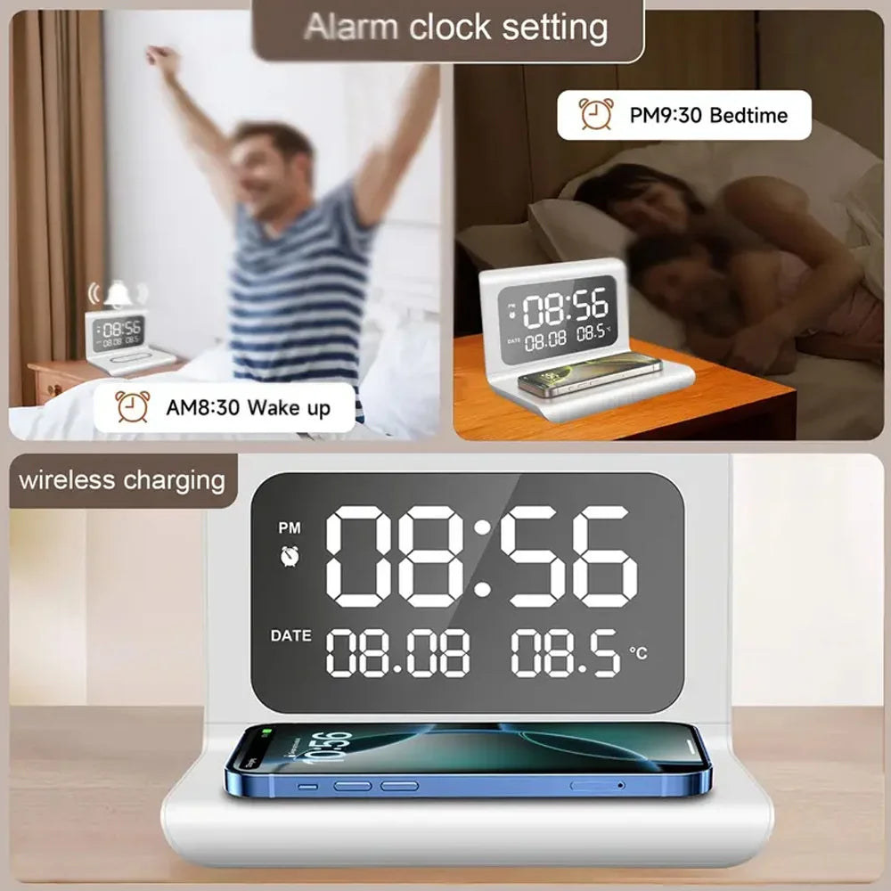 Trådlös Laddare 15W med Väckarklocka & Termometer – Qi USB-C iPhone 17–11 Samsung Xiaomi, 3 Alarm Celsius/Fahrenheit CE RoHS
