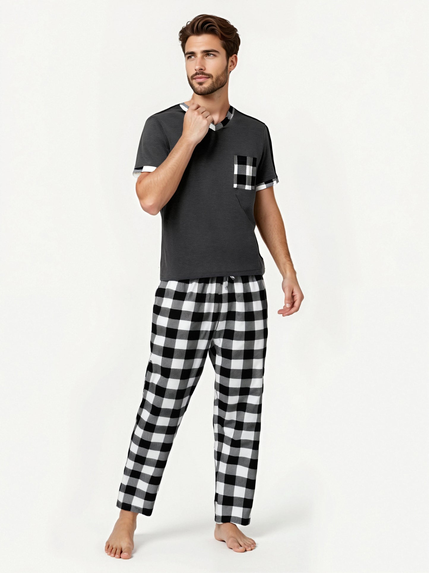 Herr Pyjamas Set Rutig – Kortärmad V-ringning & Byxor med Fickor Drawstring, 5 Färger M–1XL