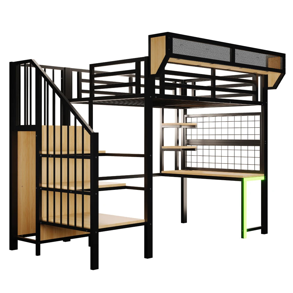90×200cm & 140*200cm Metal High Bed, with Desk, Shelf and Storage Net, Complete with Safety Ladder, LED Lighting and Socket